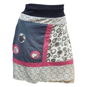 Made In Nepal, Patchwork A-Line Skirt in Gray and Red